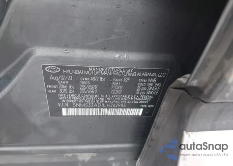 2020 Hyundai Santa Fe Sel z USA, uszkodzony, nr VIN 5NMS33AD8LH262985